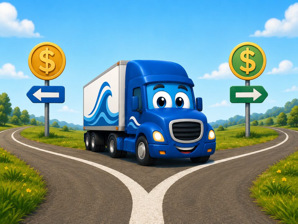 A highway forking two ways, signposts reading Flat and Per Mile — the two common ways team miles turn into pay.
