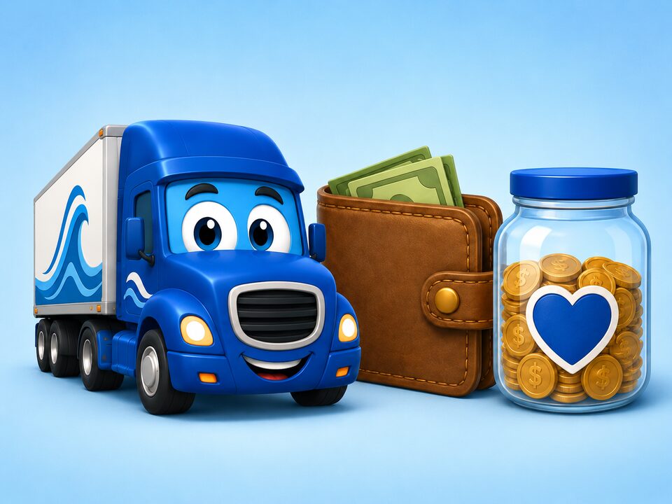 A pay envelope splitting into a savings jar and a wallet — gross pay becoming take-home after what is set aside.