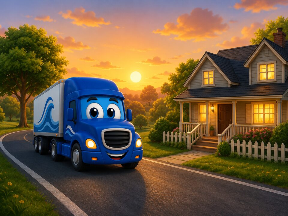 Day-to-night scenes of a truck on the road for weeks, then a lit home — weeks out, then days home.