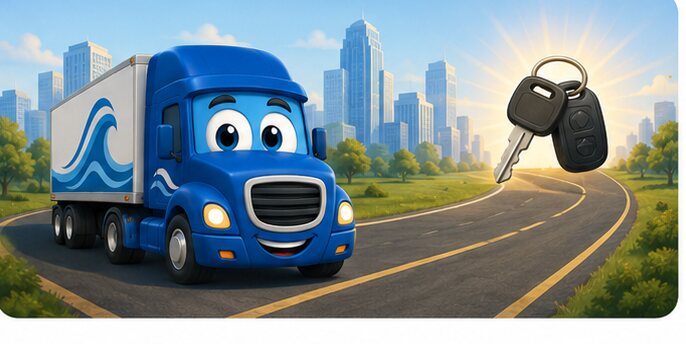 A winding road past five milestone posts to a waiting truck and a hand holding the keys — applying to getting seated.