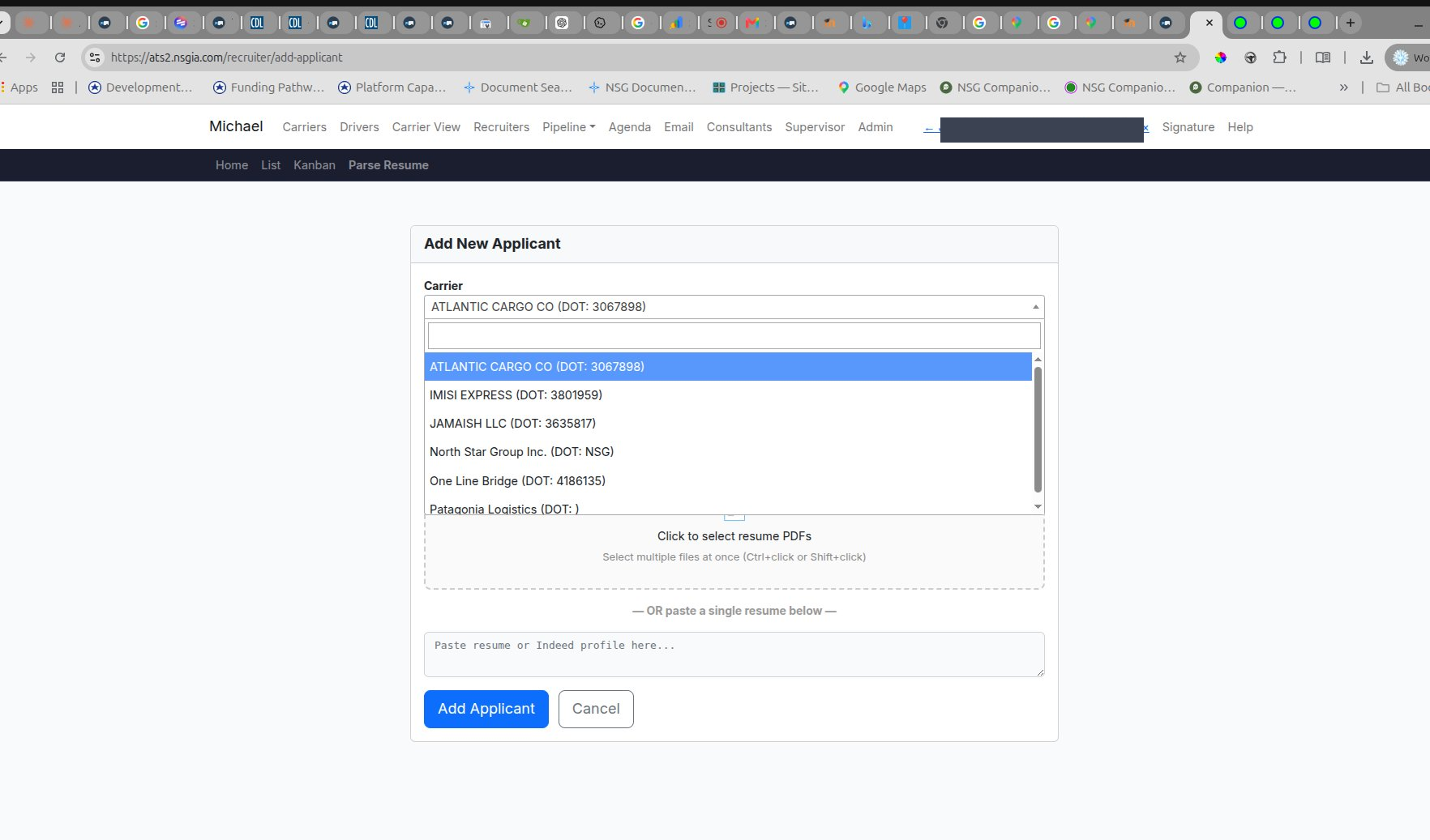 Carrier dropdown open on Parse Resume