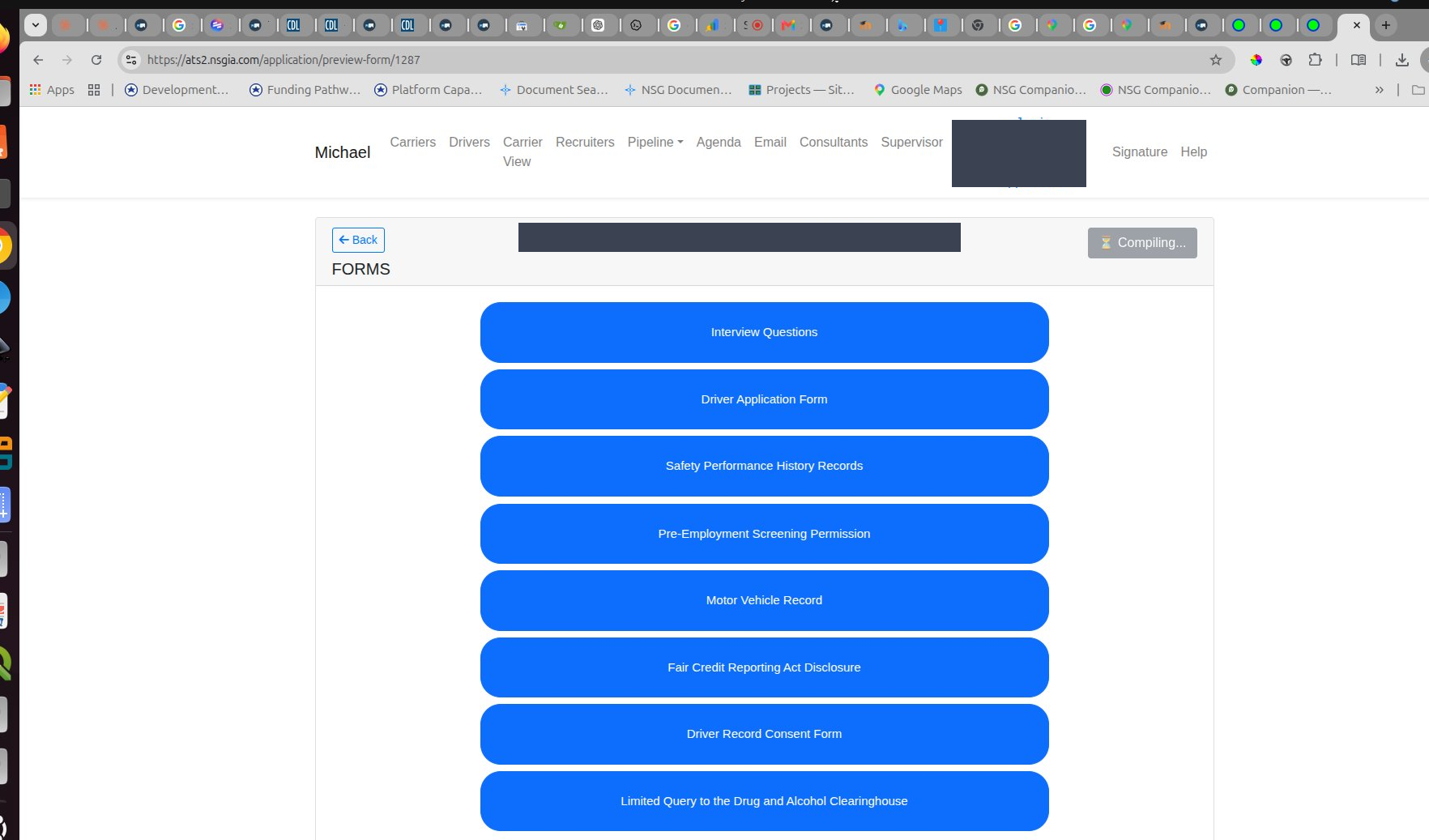 FORMS panel showing the 8 FMCSA forms
