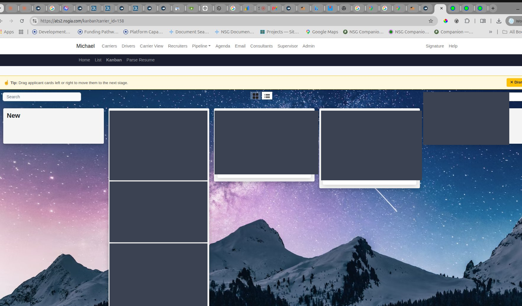 ATS2 Kanban board with redacted applicant cards