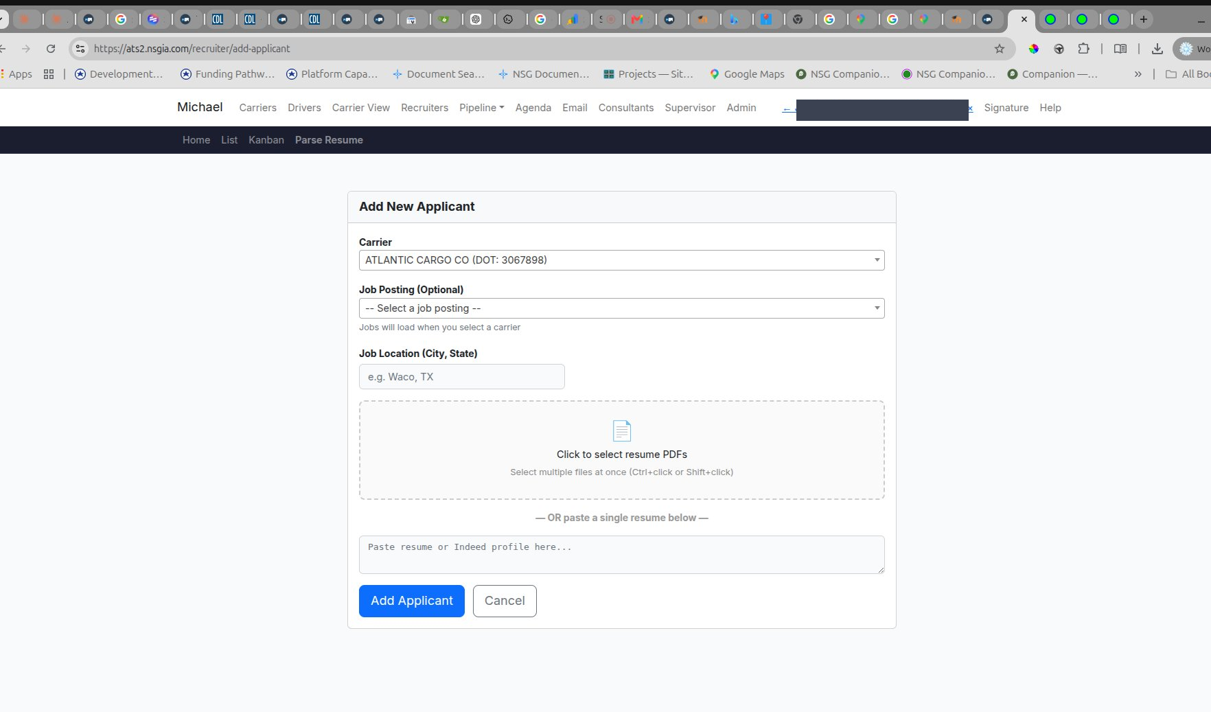 ATS2 Parse Resume / Add New Applicant page